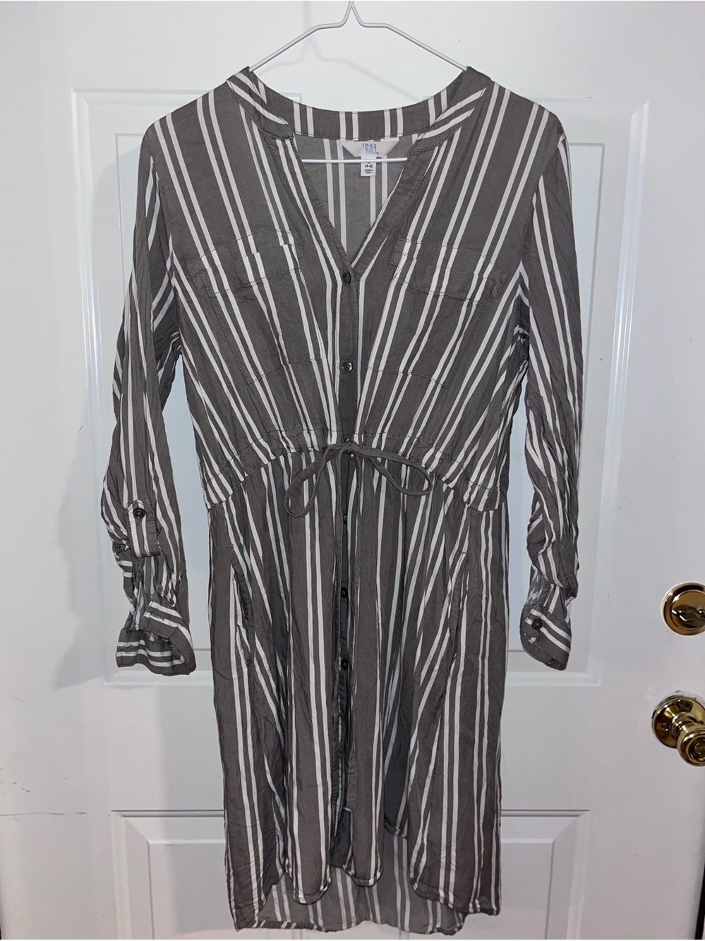 Time and Tru Striped Button-Front Drawstring Midi Dress - Gray/White